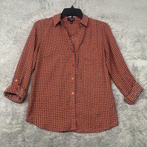 Women's The Limited XS Blouse Long Sleeve Orange Navy Blue Retro Geometric
